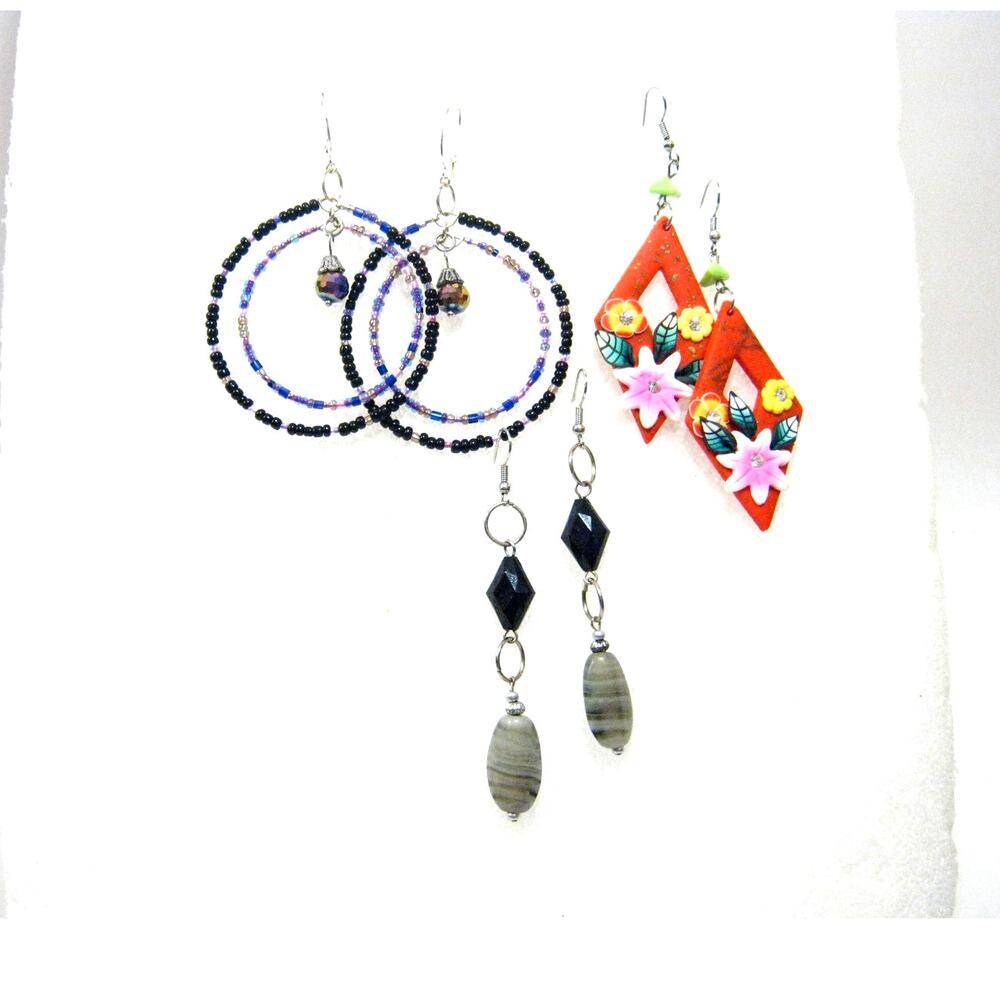 3 pair Handcrafted Earrings Island style Glass Beaded Hoops Art Glass Drops